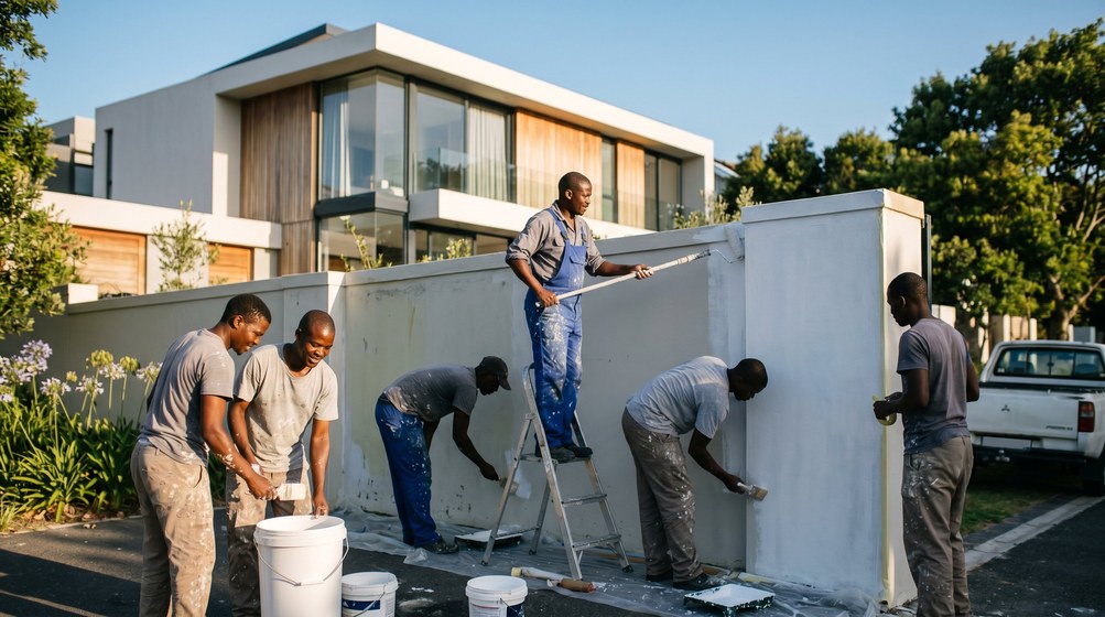 Professional team painting a boundary wall at a modern home in Tokai