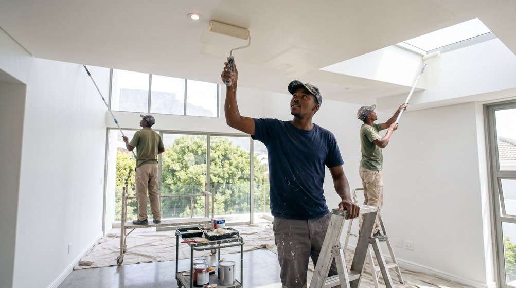 Professional ceiling painters rolling white paint onto a high ceiling in Tokai
