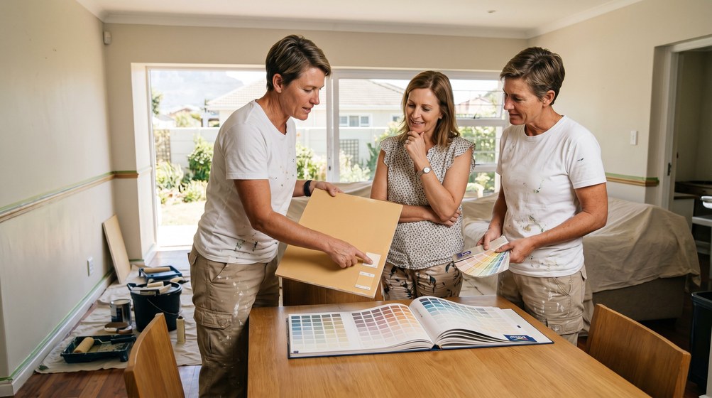 Professional colour consultant showing paint swatches to a homeowner in Tokai