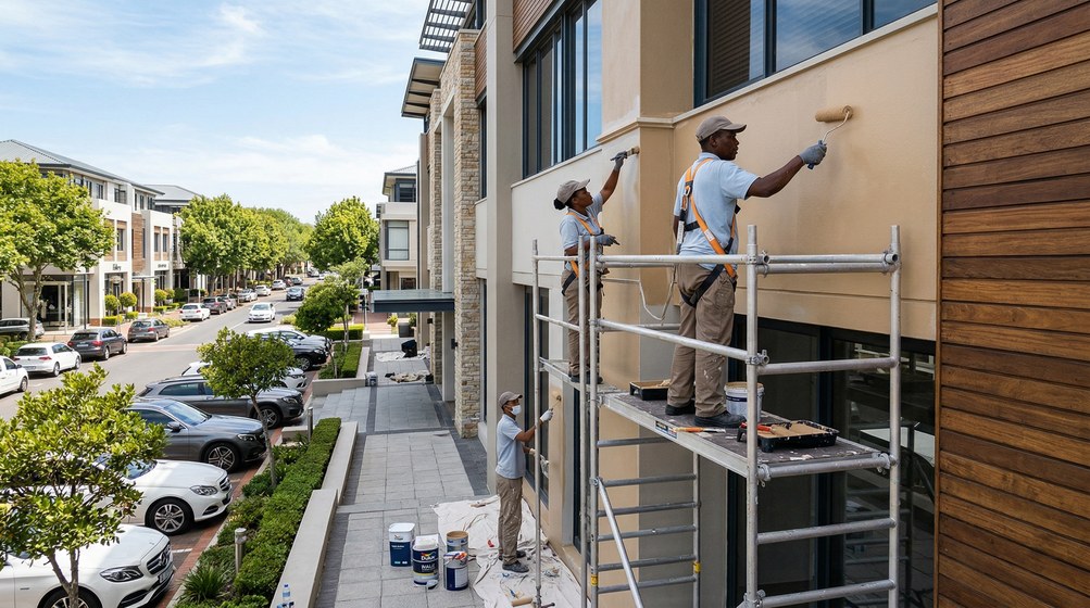Professional commercial painters on scaffolding painting a building in Tokai