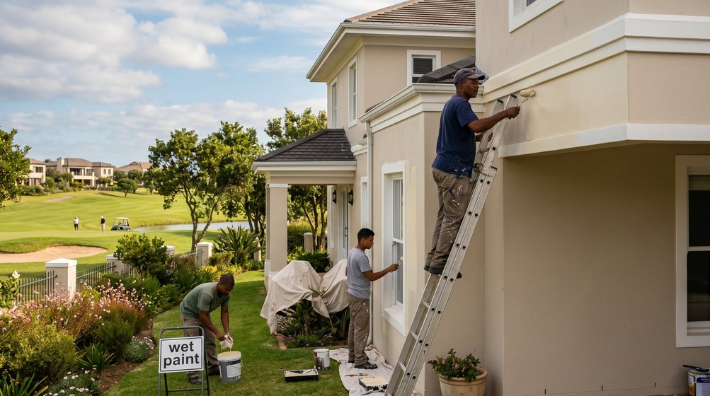 Professional estate painters painting a luxury golf estate home in Tokai