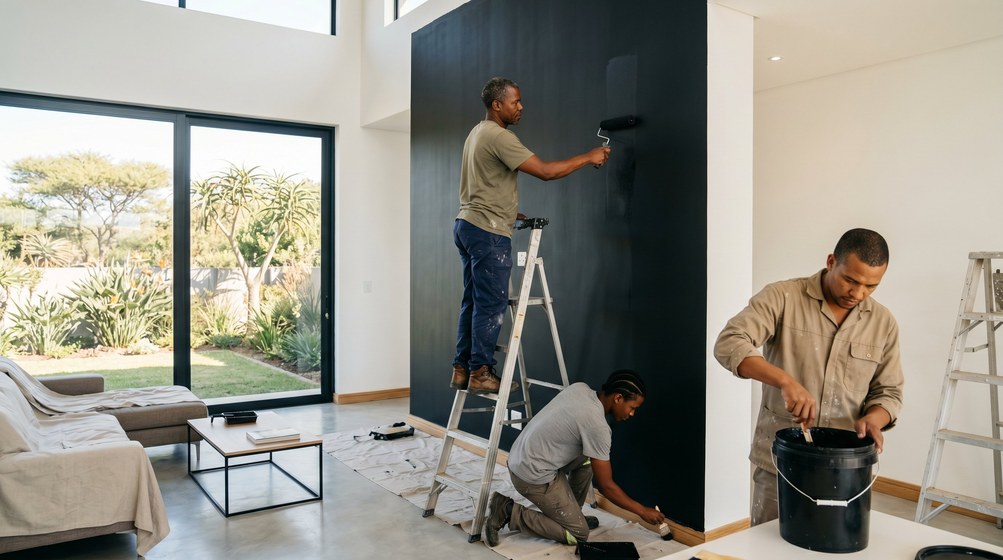 Professional painters creating a bold black feature wall in a modern Tokai home