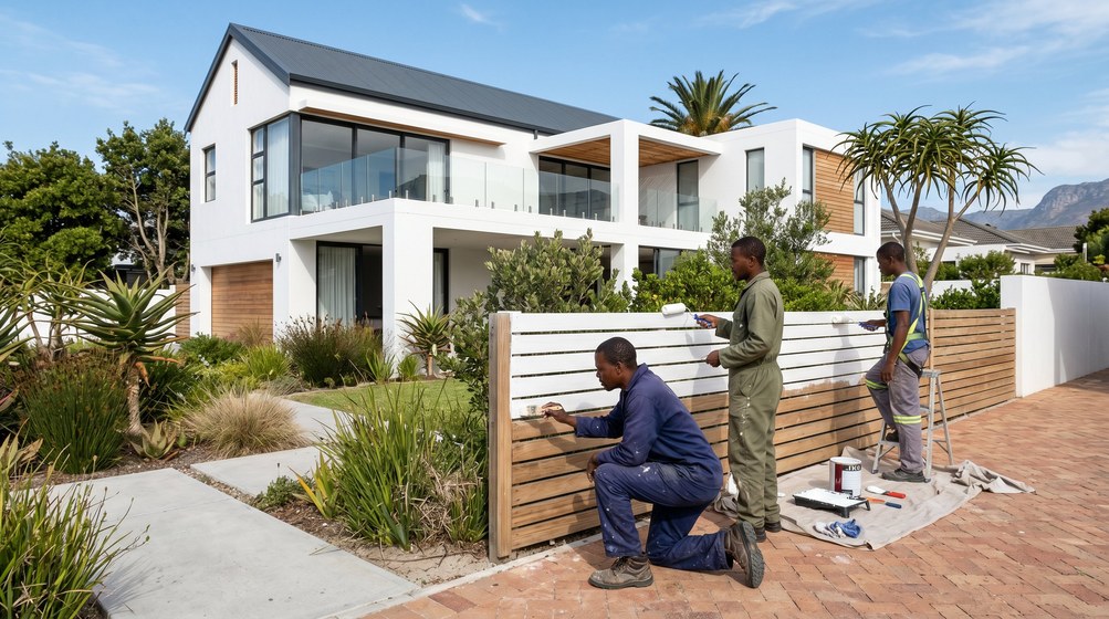 Professional fence painters painting a wooden fence at a Tokai home in Tokai