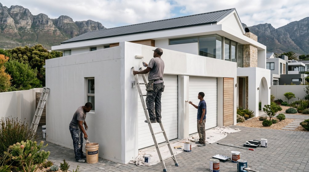 Professional painters painting a double garage exterior and garage doors in Tokai