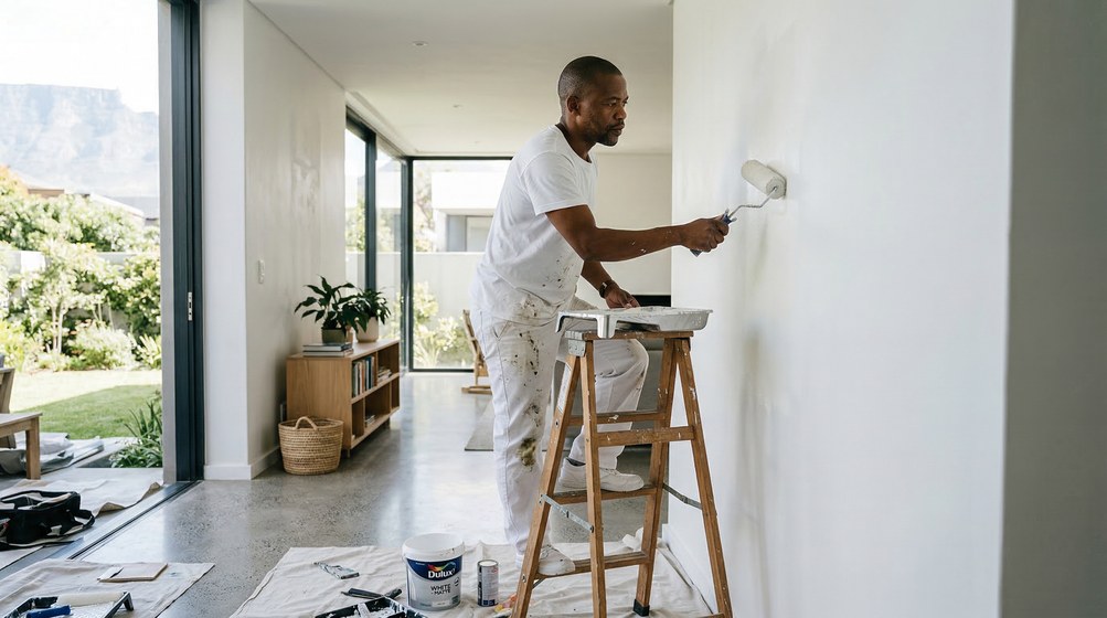 Professional interior painter in Tokai painting walls with a roller