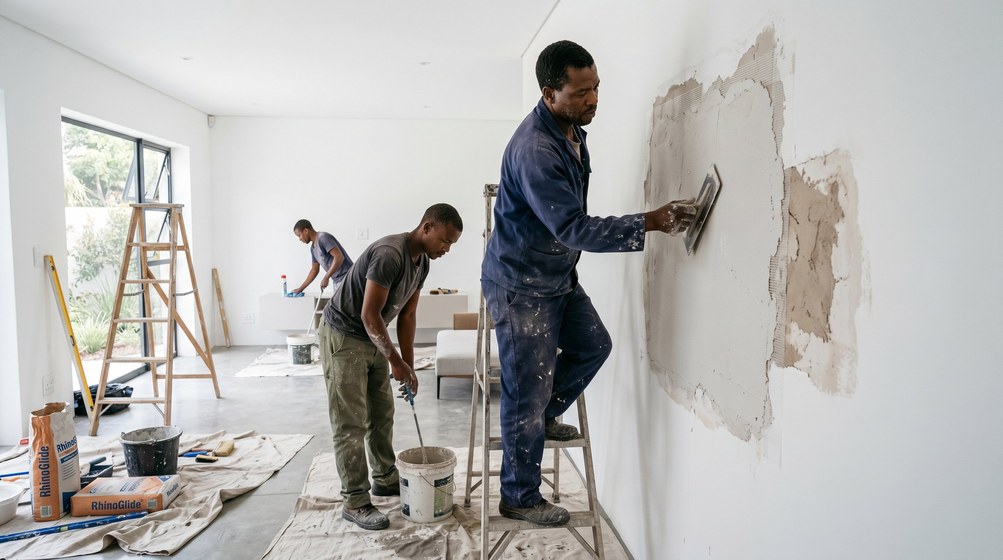 Professional plaster repair team skim coating damaged walls in Tokai