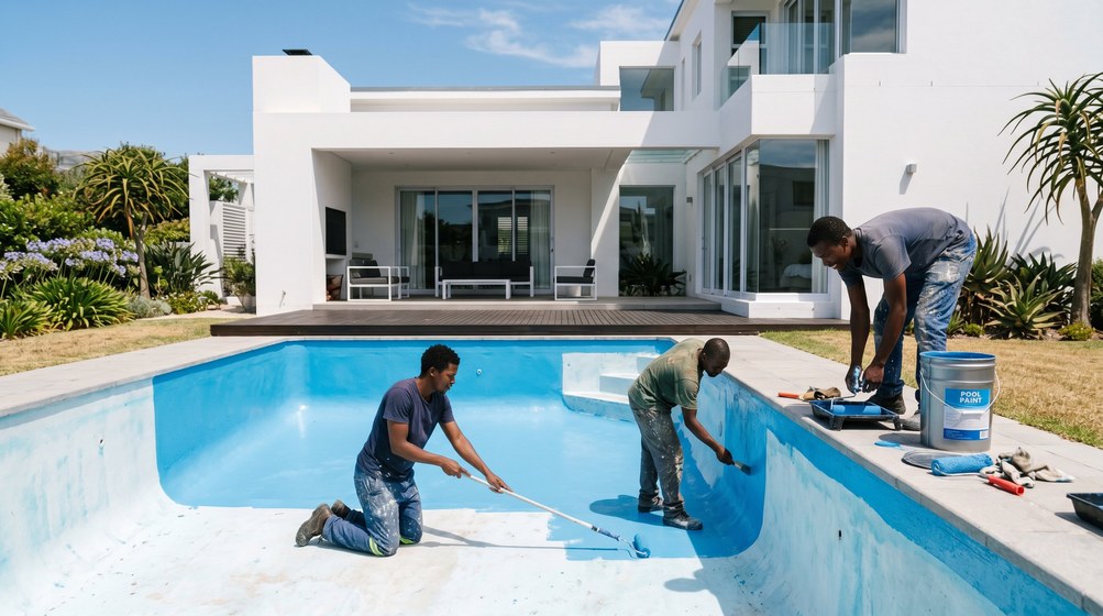 Professional pool painters applying blue pool paint to a swimming pool in Tokai