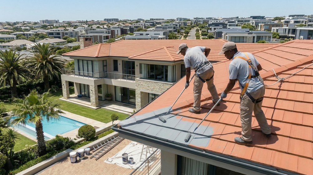 Professional roof painters applying waterproof coating to tiled roof in Tokai