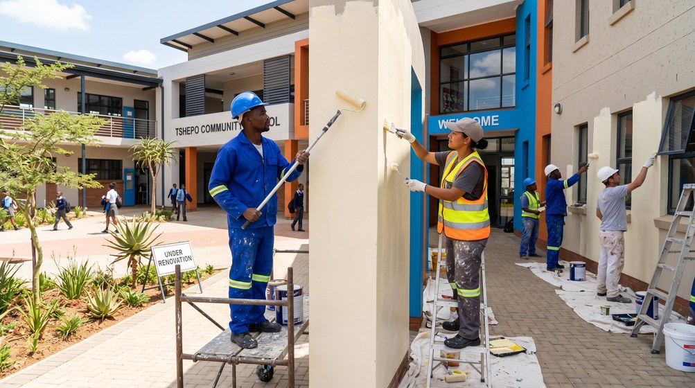 Professional school painting team painting a community school in Tokai