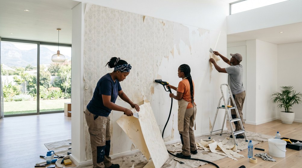 Professional wallpaper removal team stripping old wallpaper in a Tokai home