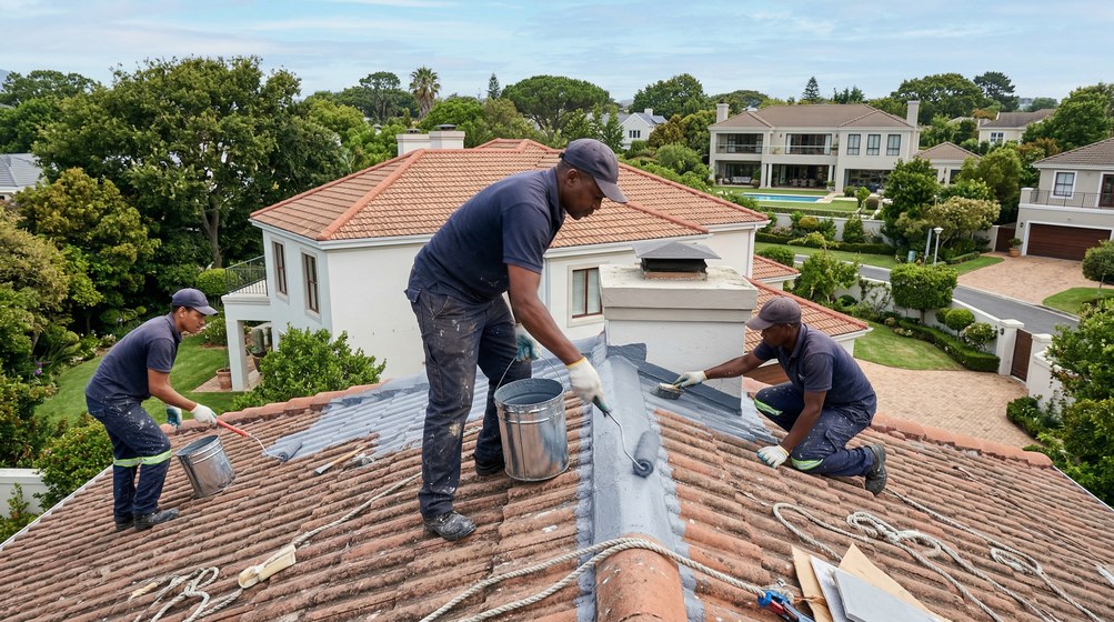 Professional waterproofing team applying membrane to roof in Tokai