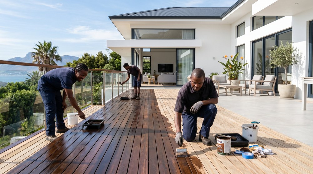 Professional wood staining team applying deck stain on a home in Tokai